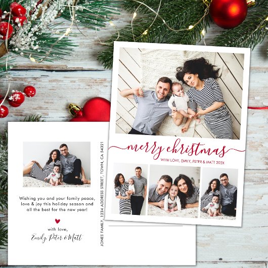 Stijlvol rood script 4 fotocollage kerst briefkaart