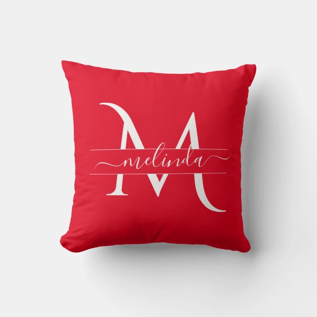 Stijlvol rood wit monogram Initiaal Naam Aangepast Kussen (Voorkant)