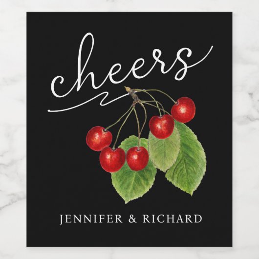 Stijlvol Rood Zwart Cheers Kersen Modern Script Wijn Etiket (Enkel label)
