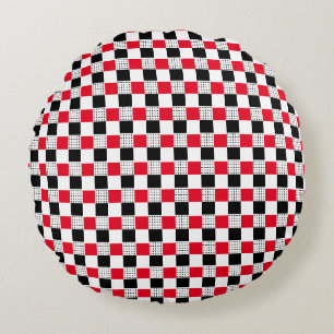 Stijlvol rood zwart & wit dambord klassieker rond kussen