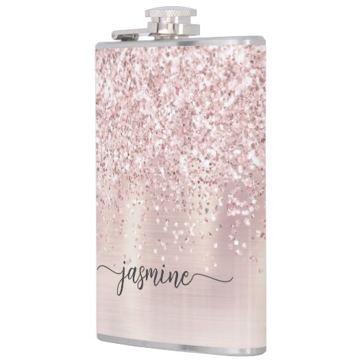 Stijlvol Roos Gold Glitter Monogram Naam Handteken Heupfles (Links)