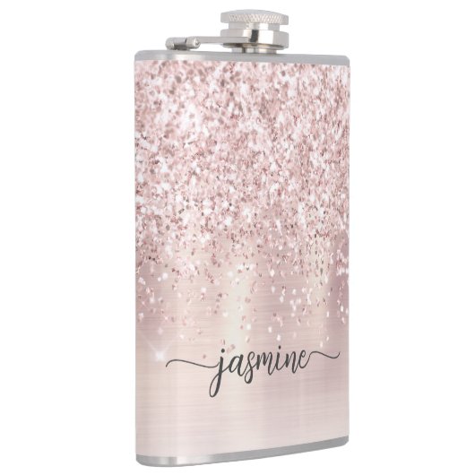 Stijlvol Roos Gold Glitter Monogram Naam Handteken Heupfles (Rechts)