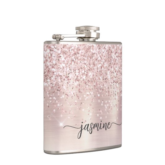 Stijlvol Roos Gold Glitter Monogram Naam Handteken Heupfles (Rechts)