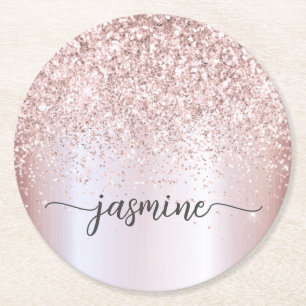 Stijlvol Roos Gold Glitter Monogram Naam Handteken Ronde Kartonnen Onderzetter