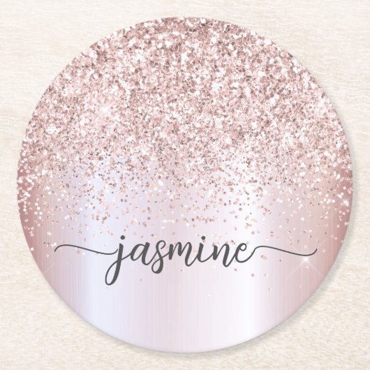 Stijlvol Roos Gold Glitter Monogram Naam Handteken Ronde Kartonnen Onderzetter (Voorkant)