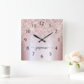 Stijlvol Roos Gold Glitter Monogram Naam Handteken Vierkante Klok (Huis)