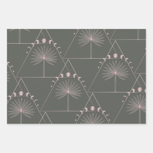 Stijlvol Roos Gold Grey Palm Leaf Moon Phases Art Inpakpapier Vel (Voorkant 2)