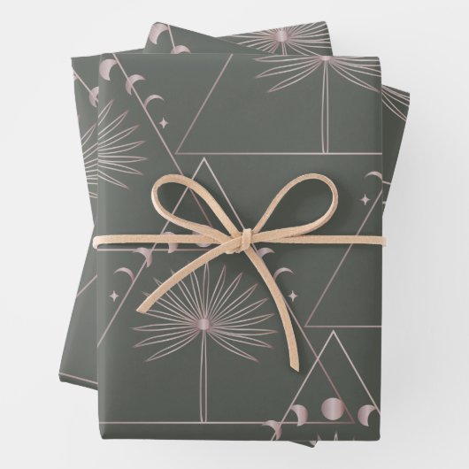 Stijlvol Roos Gold Grey Palm Leaf Moon Phases Art Inpakpapier Vel (In situ)