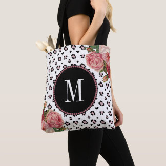 Stijlvol Roos Gold Leopard  Floral Monogram Tote Bag