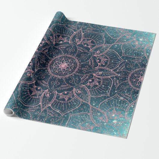 Stijlvol Roos Gold Mandala Blue Nebula Stars Cadeaupapier (Uitgerold)
