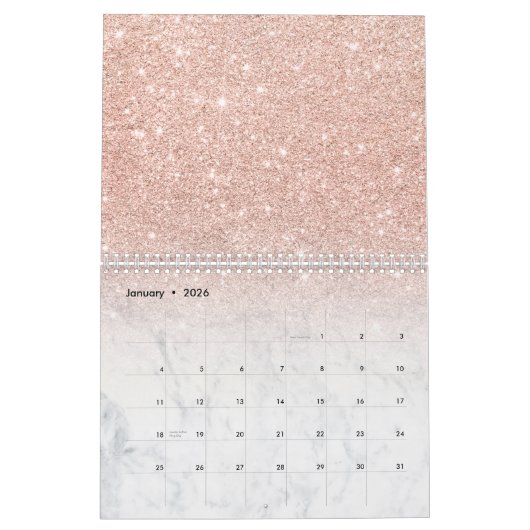 Stijlvol roos goud glitter ombre witte marmer kalender (Jan 2026)