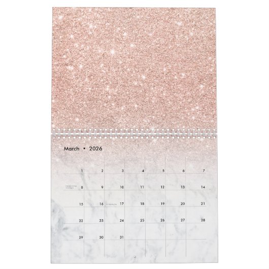 Stijlvol roos goud glitter ombre witte marmer kalender (Mar 2026)