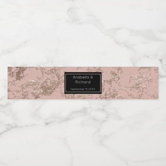 Stijlvol Roos Goud Zwart Marmeren Bruiloft Waterfles Etiket (Enkel label)