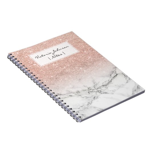 Stijlvol roos roze glitter ombre witte marmer notitieboek (Rechterzijde)
