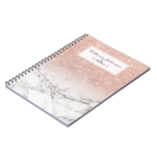 Stijlvol roos roze glitter ombre witte marmer notitieboek (Linkerzijde)
