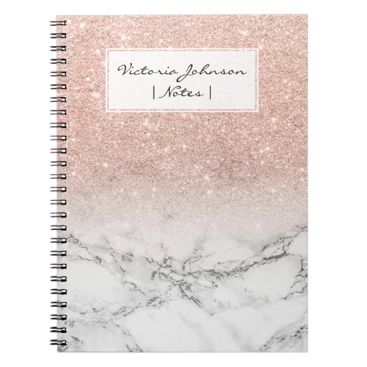Stijlvol roos roze glitter ombre witte marmer notitieboek (Voorkant)