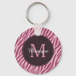 Stijlvol Roos Roze Zebra Afdrukmonogram en naam Sleutelhanger