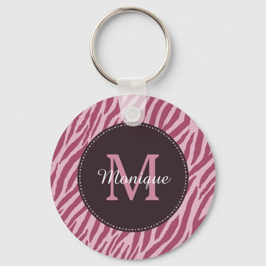 Stijlvol Roos Roze Zebra Afdrukmonogram en naam Sleutelhanger (Voorkant)