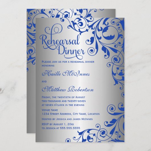 Stijlvol Royal Blue Silver Swirls Rehearsal Dinner Kaart (Voorkant / Achterkant)
