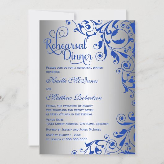 Stijlvol Royal Blue Silver Swirls Rehearsal Dinner Kaart (Voorkant)