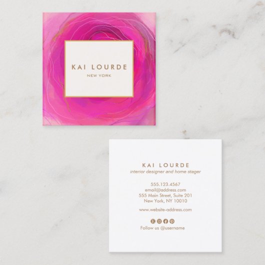 Stijlvol Roze Abstracte Waterverf Square Busin Vierkante Visitekaartje (Voorkant / Achterkant)