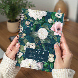 Stijlvol roze bloemmotief groen monogram patroon notitieboek