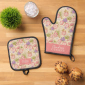 Stijlvol roze botanische bloemmotief ovenwant & pannenlap set (Top down)