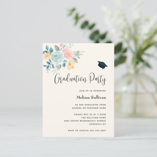 Stijlvol Roze en Blauw Ventilator Afstuderen Bouqu Uitnodiging Briefkaart (Staand voorkant)
