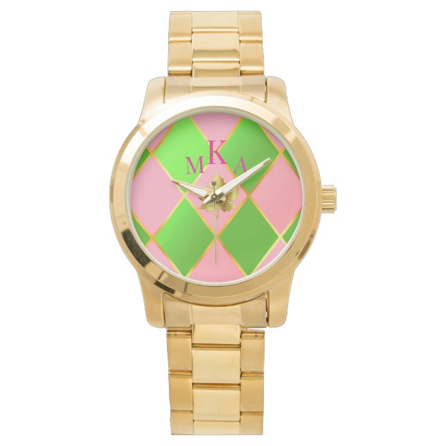 Stijlvol roze en groen goud Argyle Monogram Horloge (Voorkant)
