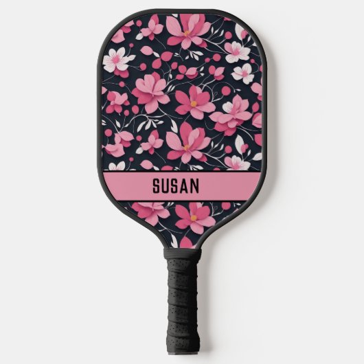 Stijlvol roze en zwart bloemmotief / personalisere pickleball paddle (Voorkant)