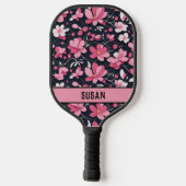 Stijlvol roze en zwart bloemmotief / personalisere pickleball paddle (Achterkant)