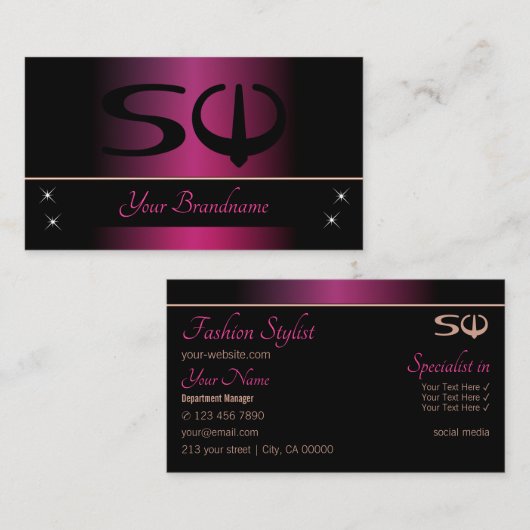 Stijlvol roze en zwart met Initialen Professional Visitekaartje (Voorkant / Achterkant)
