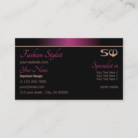Stijlvol roze en zwart met Initialen Professional Visitekaartje (Achterkant)
