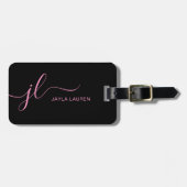 Stijlvol roze en zwart monogram script bagagelabel (Voorkant horizontaal)