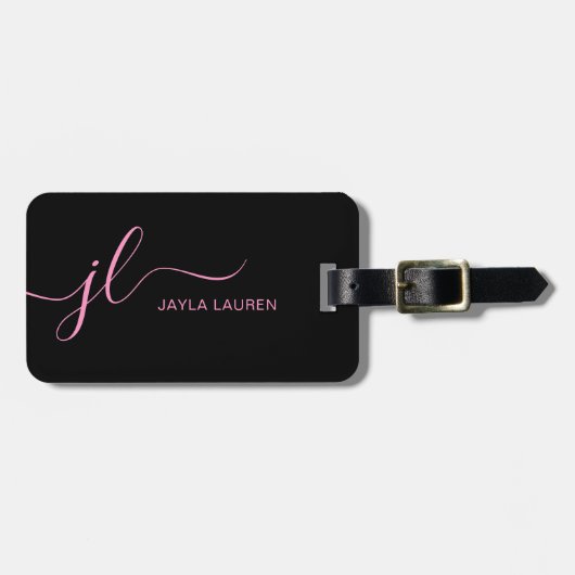 Stijlvol roze en zwart monogram script bagagelabel (Voorkant horizontaal)