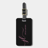 Stijlvol roze en zwart monogram script bagagelabel (Voorkant verticaal)