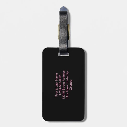 Stijlvol roze en zwart monogram script bagagelabel (Achterkant verticaal)