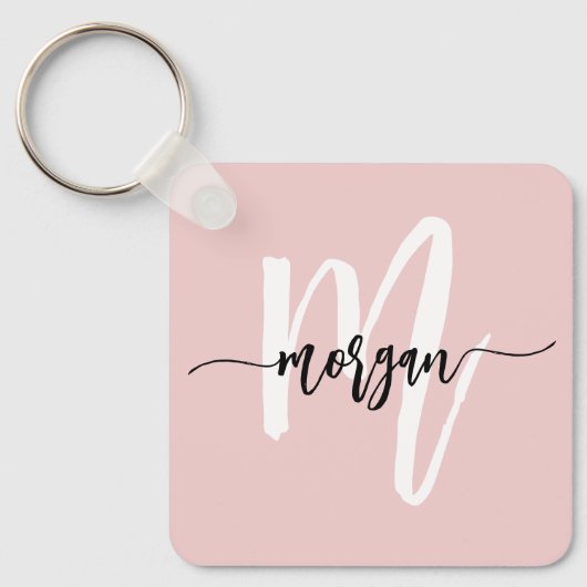 Stijlvol Roze Modern Script Girly Monogram Naam Sleutelhanger (Voorkant)