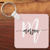 Stijlvol Roze Modern Script Girly Monogram Naam Sleutelhanger (Voorkant)