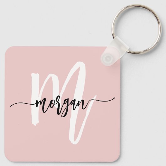 Stijlvol Roze Modern Script Girly Monogram Naam Sleutelhanger (Achterkant)