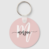 Stijlvol Roze Modern Script Girly Monogram Naam Sleutelhanger (Voorkant)