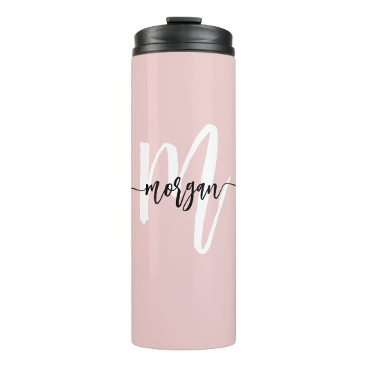 Stijlvol Roze Modern Script Girly Monogram Naam Thermosbeker (Voorkant)