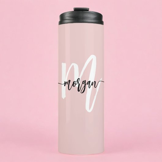 Stijlvol Roze Modern Script Girly Monogram Naam Thermosbeker