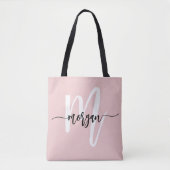 Stijlvol Roze Modern Script Girly Monogram Naam Tote Bag (Voorkant)
