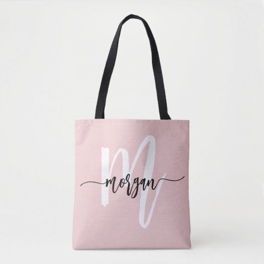 Stijlvol Roze Modern Script Girly Monogram Naam Tote Bag (Voorkant)