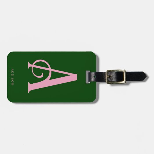 Stijlvol roze Monogram Initiaal op donkergroen Bagagelabel (Voorkant horizontaal)