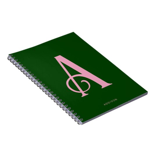 Stijlvol roze Monogram Initiaal op donkergroen Notitieboek (Rechterzijde)