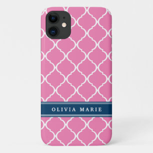 Stijlvol roze Trellis Pattern Blue Name plate Case-Mate iPhone Case