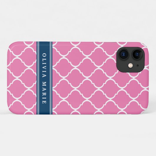 Stijlvol roze Trellis Pattern Blue Name plate Case-Mate iPhone Case (Achterkant (horizontaal))