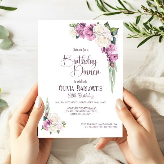 Stijlvol Roze Witte Roos Bloemen Verjaardagsdiner Kaart